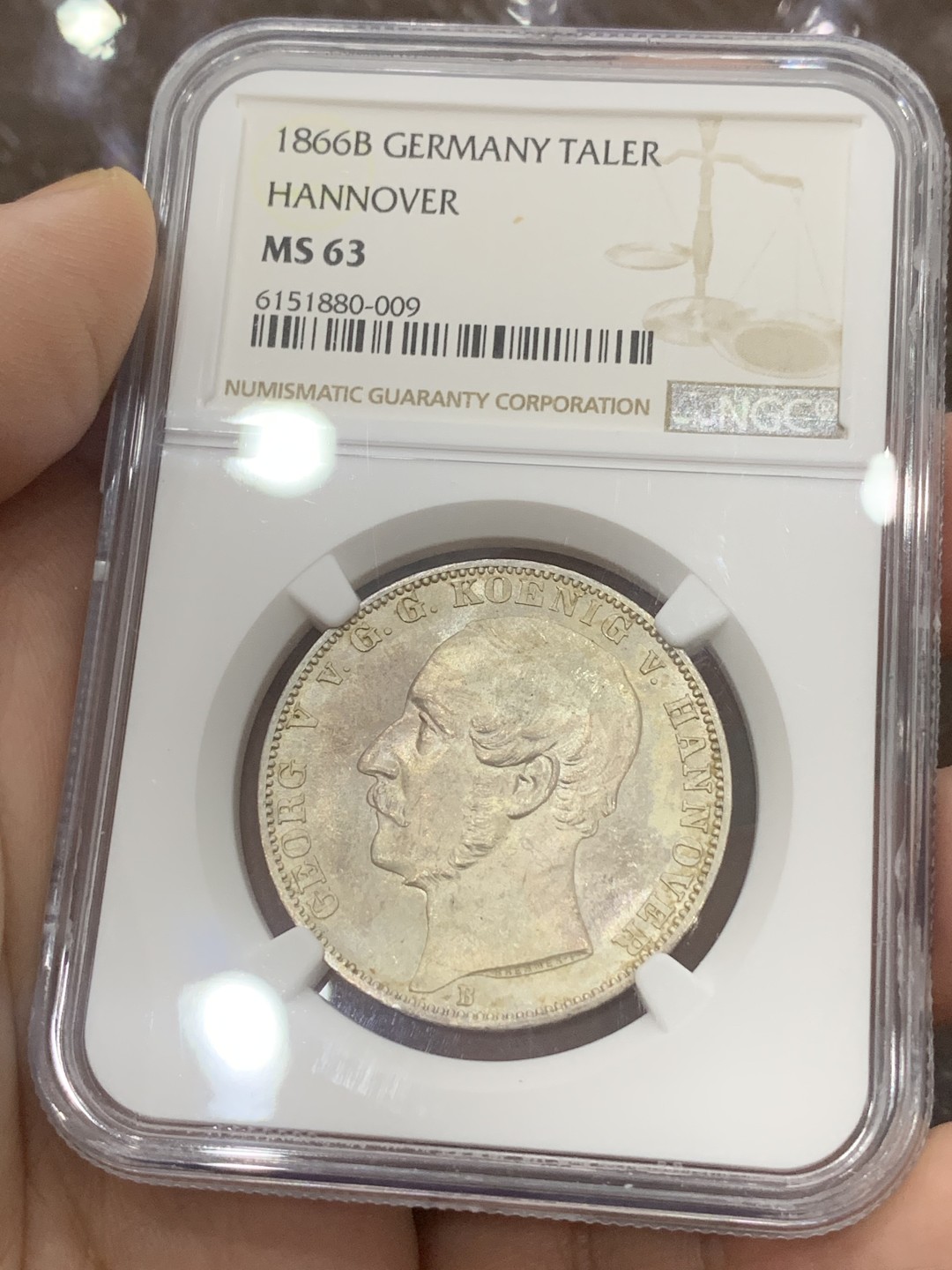 《竞宝斋》第111场-周日，周一 ，2场连拍（全场包邮） NGC-MS63 德国 1866年 汉诺威狮马盾徽1泰勒银币 原光好品 币面干净 PL底板明显