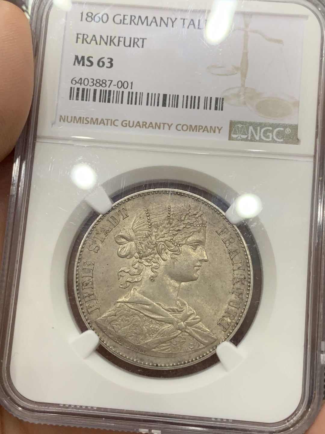 《竞宝斋》第111场-周日，周一 ，2场连拍（全场包邮） NGC MS63 德国 1860年 法兰克福 少女 泰勒 银币 高品好细节 包浆币上MS太不容易了