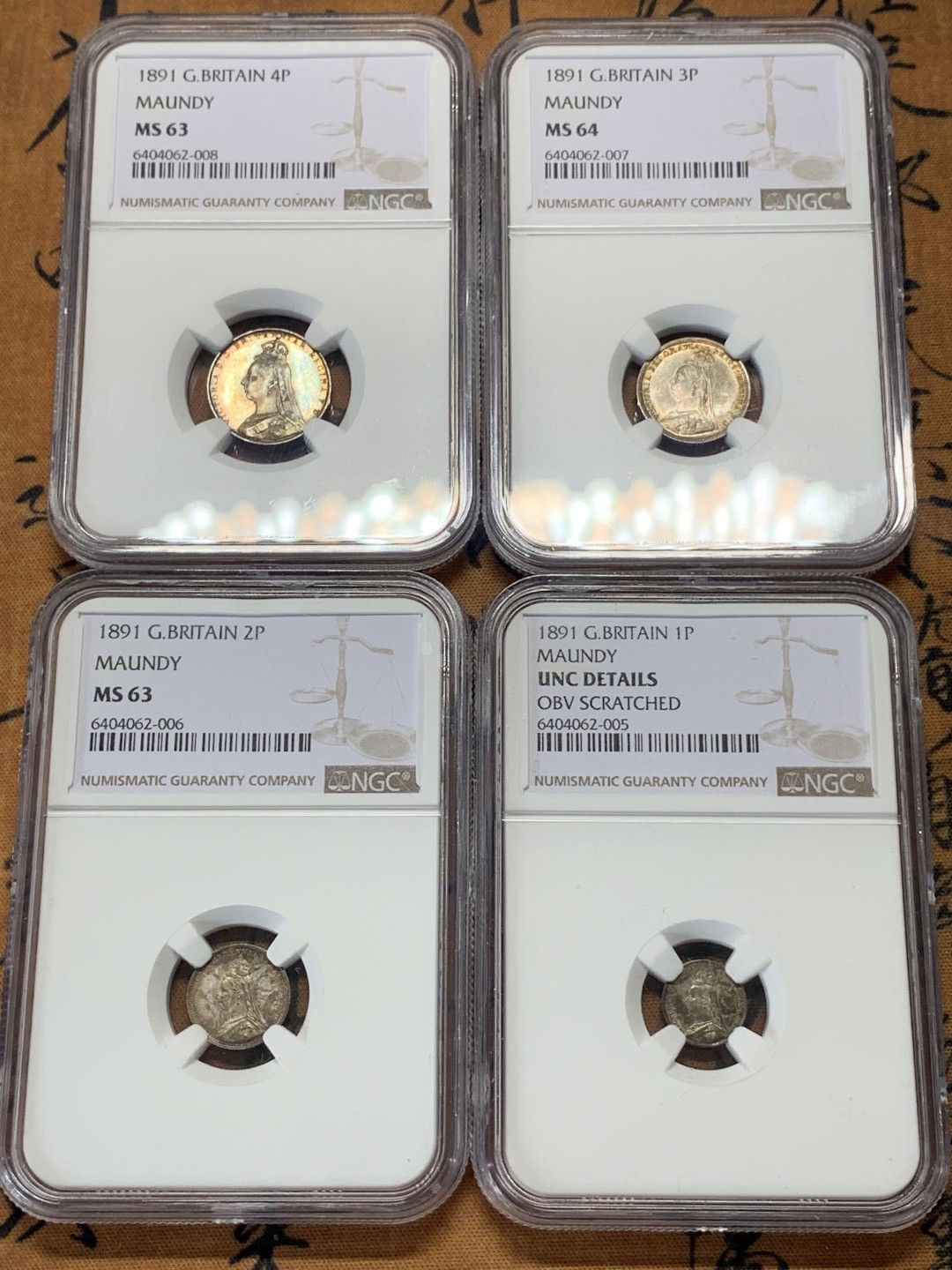 《竞宝斋》第111场-周日，周一 ，2场连拍（全场包邮） NGC MS63-64，UNC 英国 1891年维多利亚女王濯足银币一套 全五彩包浆 1P瑕疵肉眼几乎不可见