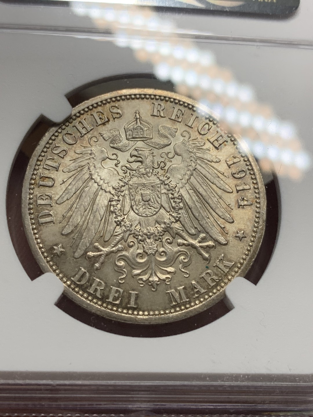 《竞宝斋》第111场-周日，周一 ，2场连拍（全场包邮） NGC-MS63 德国1914年 普鲁士军装版 3马克银币 顶级五彩包浆