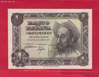西班牙1951年1比塞塔 欧洲纸币 实物如图 UNC 943#09 - 西班牙1951年1比塞塔 欧洲纸币 实物如图 UNC 943#09