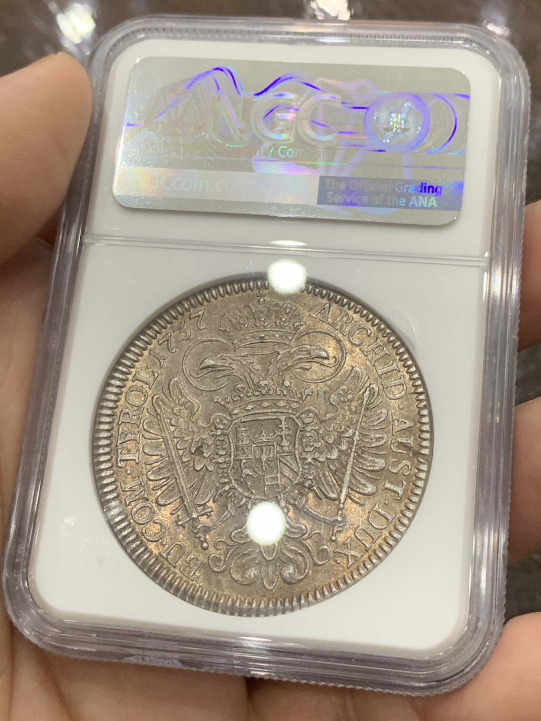 《竞宝斋》第111场-周日，周一 ，2场连拍（全场包邮） NGC-AU58 神圣罗马帝国 1737(2) 卡尔六世 1泰勒银币 深五彩包浆 打制好 状态难得