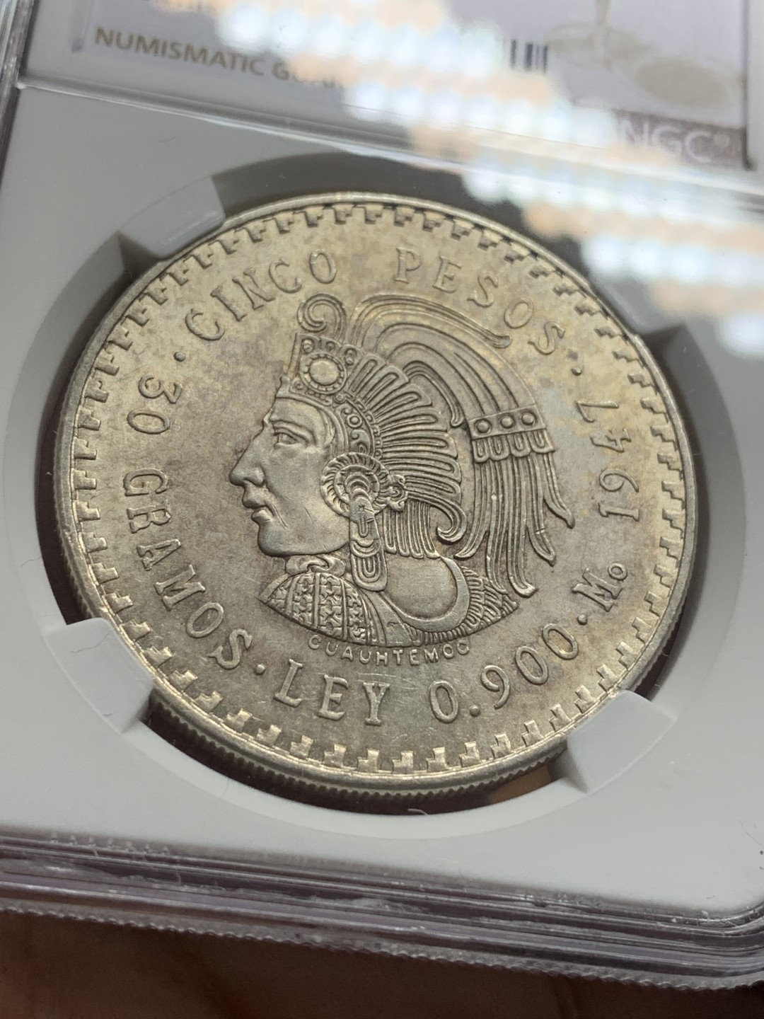 《竞宝斋》第111场-周日，周一 ，2场连拍（全场包邮） NGC-MS63 墨西哥1947年 印第安人头像5比索大银币 原光好品