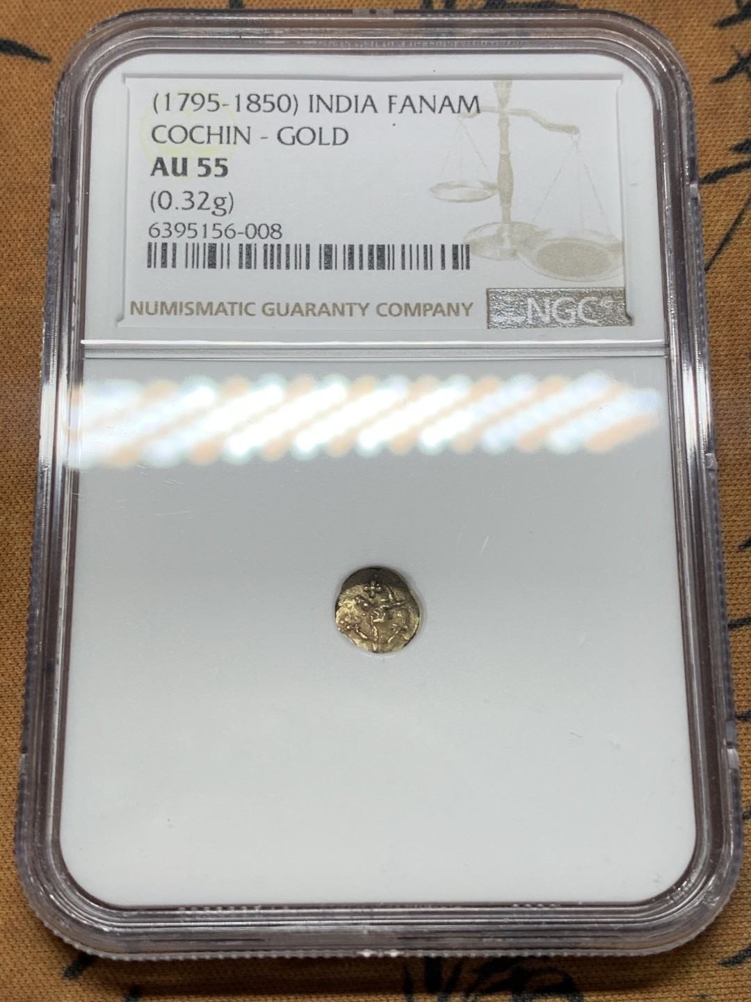 《竞宝斋》第111场-周日，周一 ，2场连拍（全场包邮） NGC-AU55 印度1795年 坎钦FANAM金币 经典品种