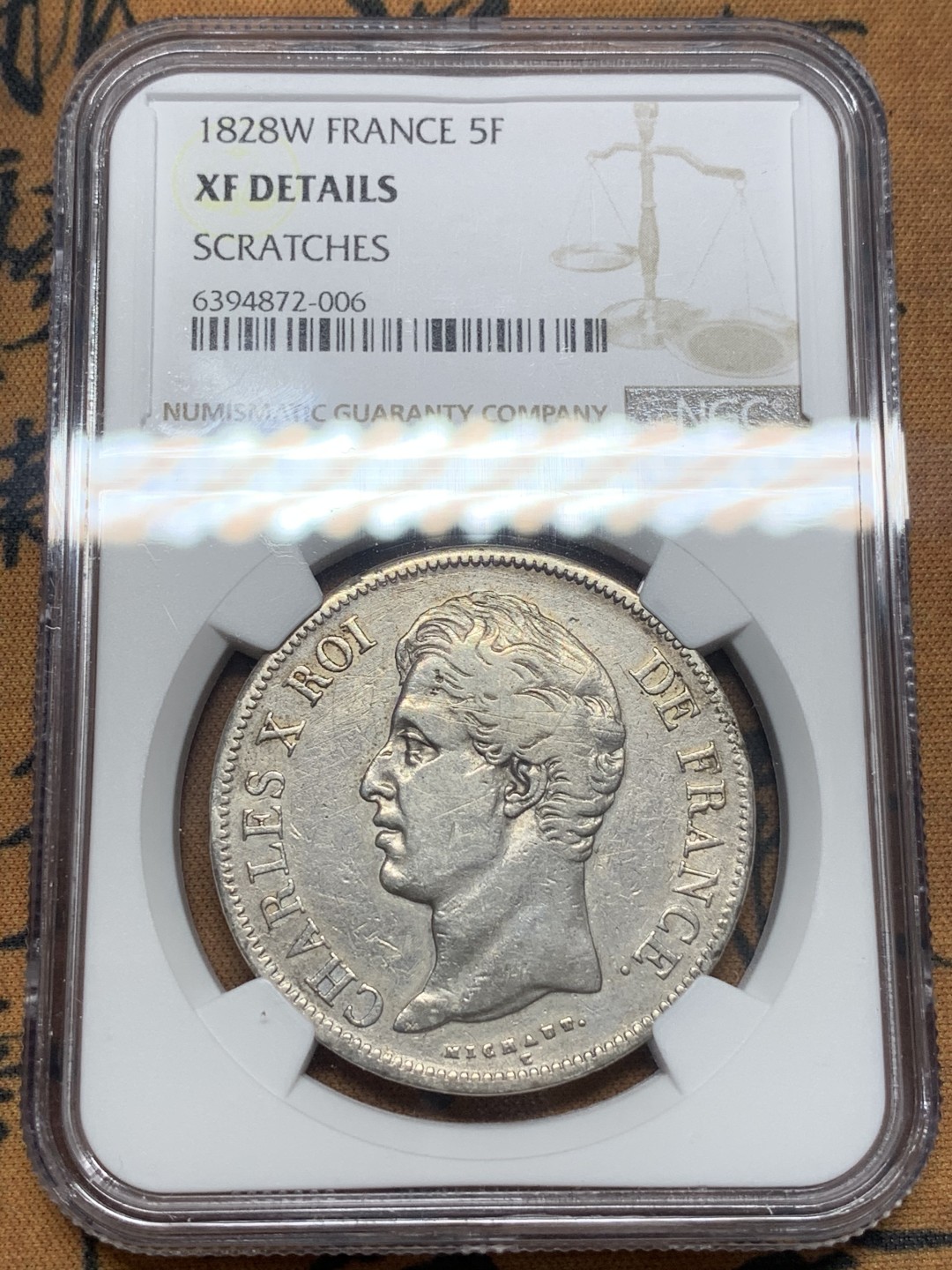 《竞宝斋》第111场-周日，周一 ，2场连拍（全场包邮） NGC XF 法国 1828年W版查理十世五法郎银币 老包浆好状态 可藏品种