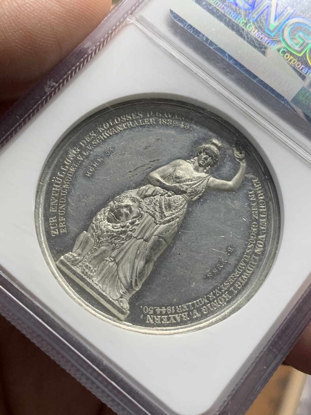 《竞宝斋》第111场-周日，周一 ，2场连拍（全场包邮） NGC MS60 德国 慕尼黑 1839 巴伐利亚纪念碑 建成纪念章 WM 白金属材质