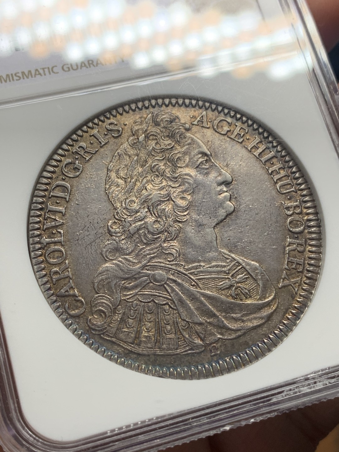 《竞宝斋》第111场-周日，周一 ，2场连拍（全场包邮） NGC-AU58 神圣罗马帝国 1737(2) 卡尔六世 1泰勒银币 深五彩包浆 打制好 状态难得