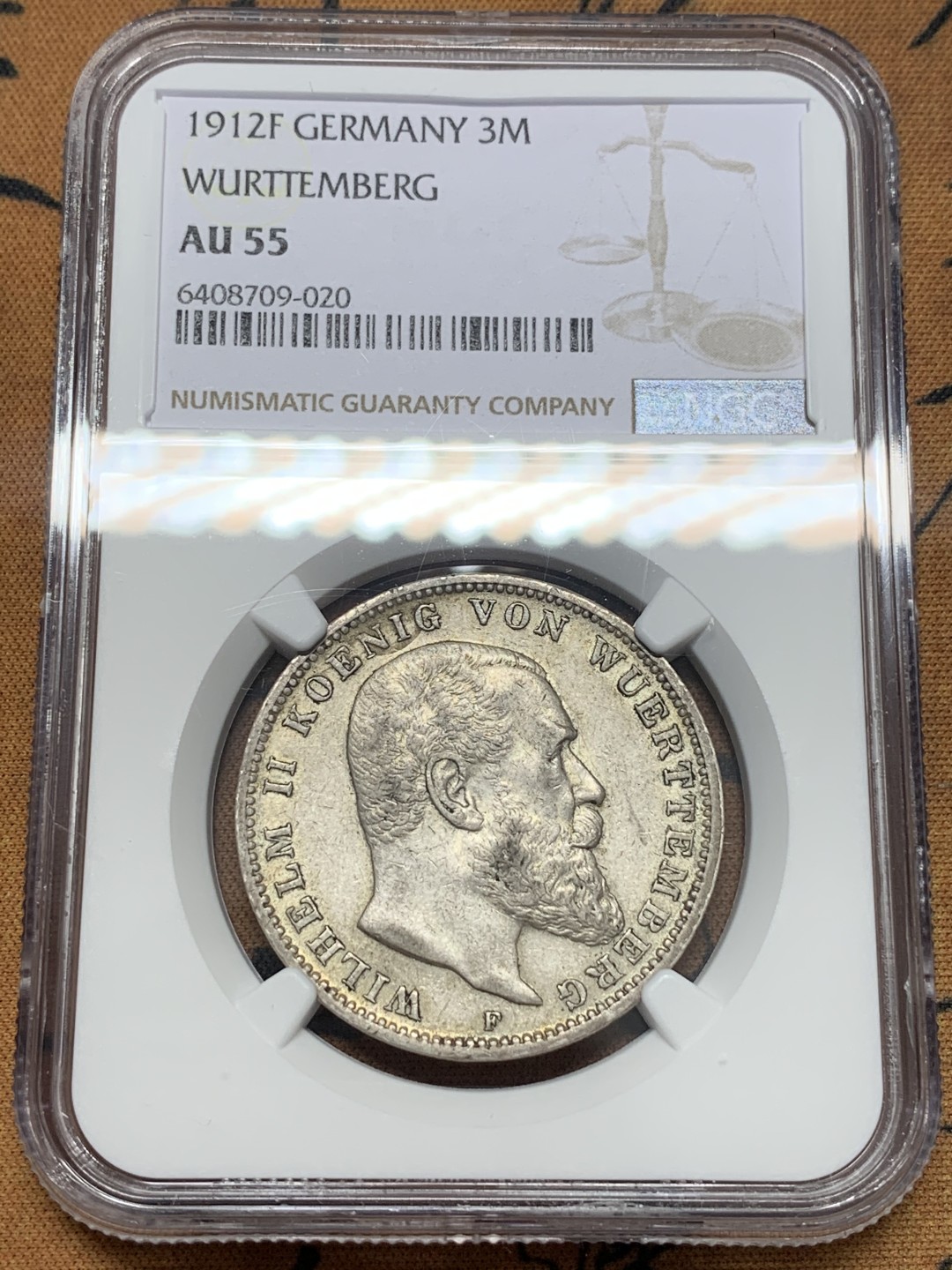 《竞宝斋》第111场-周日，周一 ，2场连拍（全场包邮） NGC-AU55 德国符腾堡 1912年威廉二世大胡子 3马克大银币 原味好品