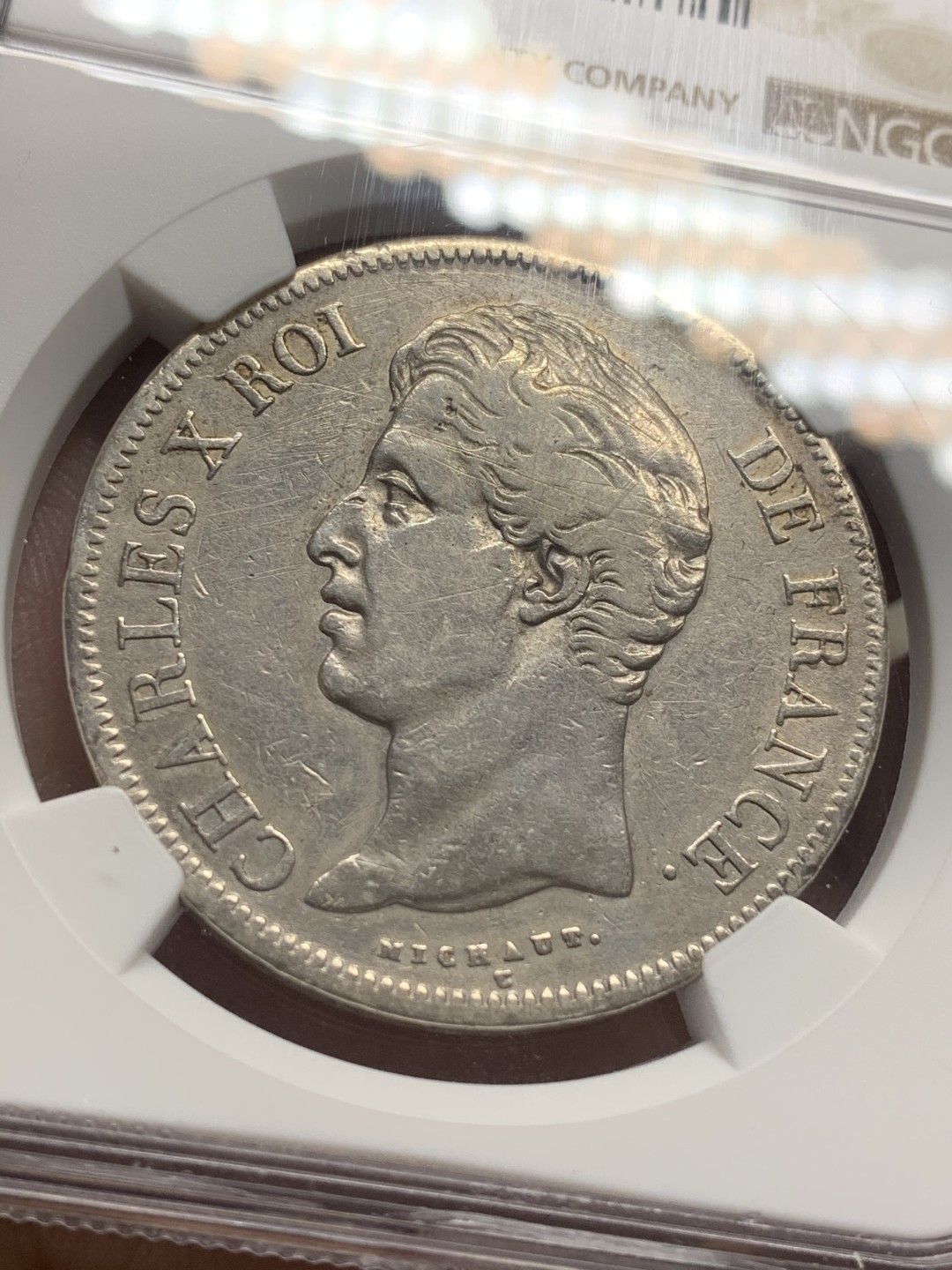 《竞宝斋》第111场-周日，周一 ，2场连拍（全场包邮） NGC XF 法国 1828年W版查理十世五法郎银币 老包浆好状态 可藏品种