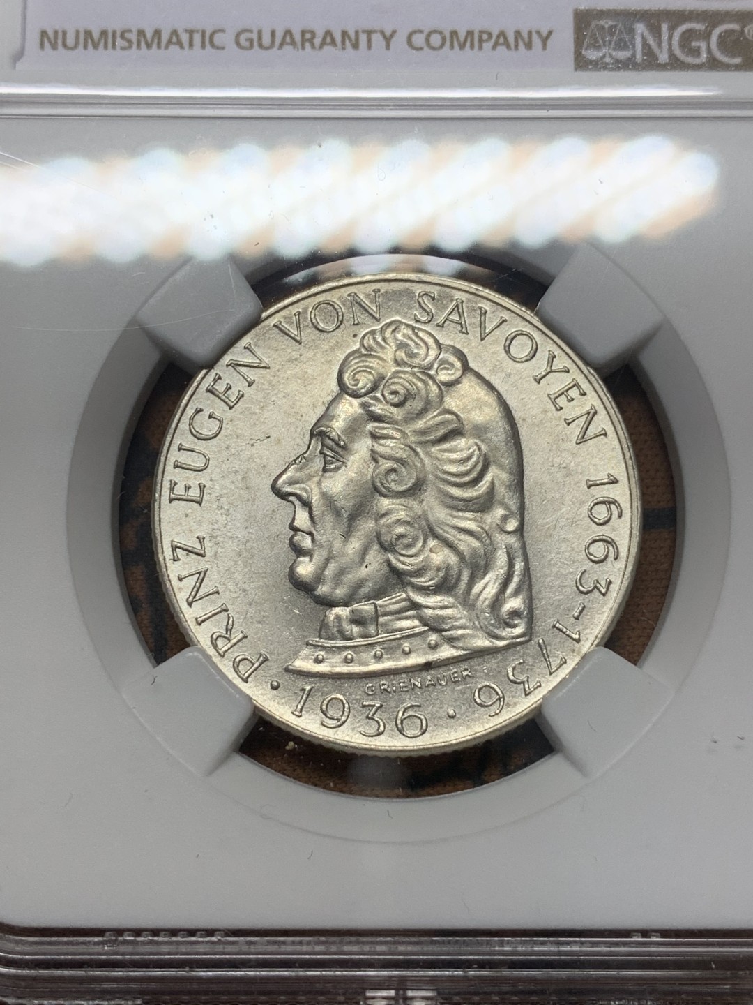 《竞宝斋》第111场-周日，周一 ，2场连拍（全场包邮） NGC-MS62 奥地利1936年 欧根亲王 2先令银币 原光好品