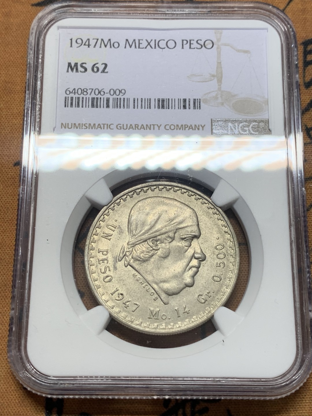 《竞宝斋》第111场-周日，周一 ，2场连拍（全场包邮） NGC-MS62 墨西哥1947年 独立战争领导人何塞头像 1比索银币 少见品种 出分不易