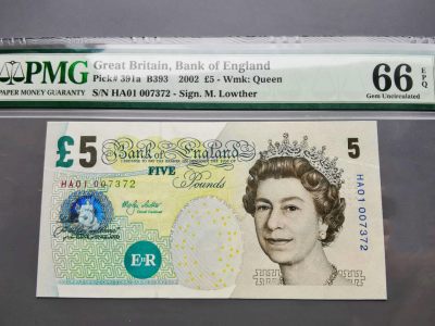 《崇甫堂》-英国纸钞PMG评级专场IV - 英国 2002年 HA01字冠 撤销发行 Pick:391a PMG-66 E序列再版5英镑 