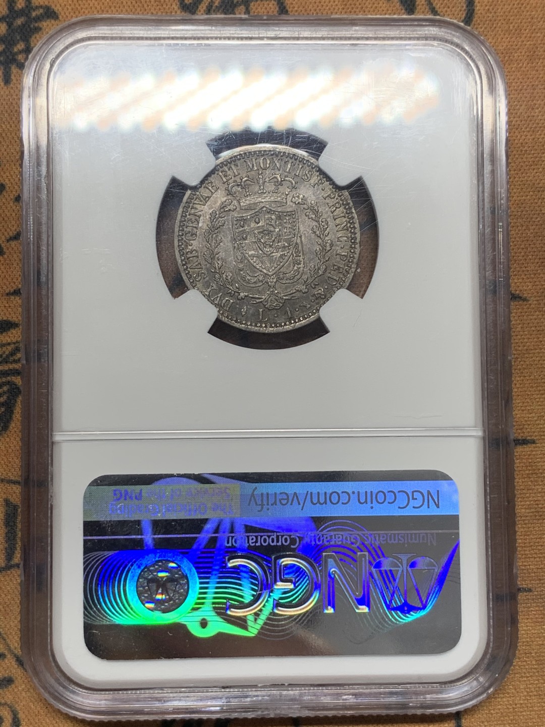 《竞宝斋》第111场-周日，周一 ，2场连拍（全场包邮） 唯一冠军分，NGC-AU55 撒丁王国1827年卡洛·腓力切1里拉银币 原味包浆 少见品种