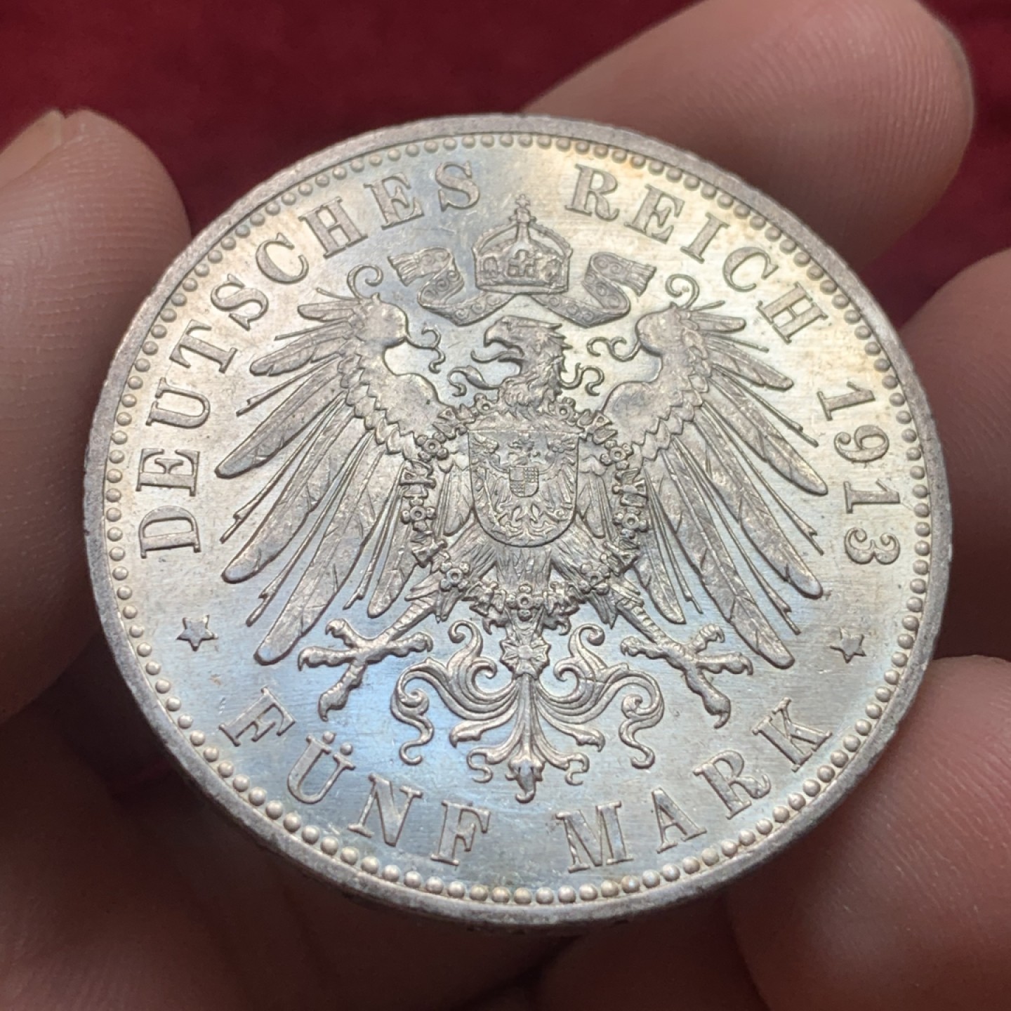 《竞宝斋》第111场-周日，周一 ，2场连拍（全场包邮） 德国 普鲁士 1913年 威廉二世 戎装版 5马克 银币 背面转光 极好