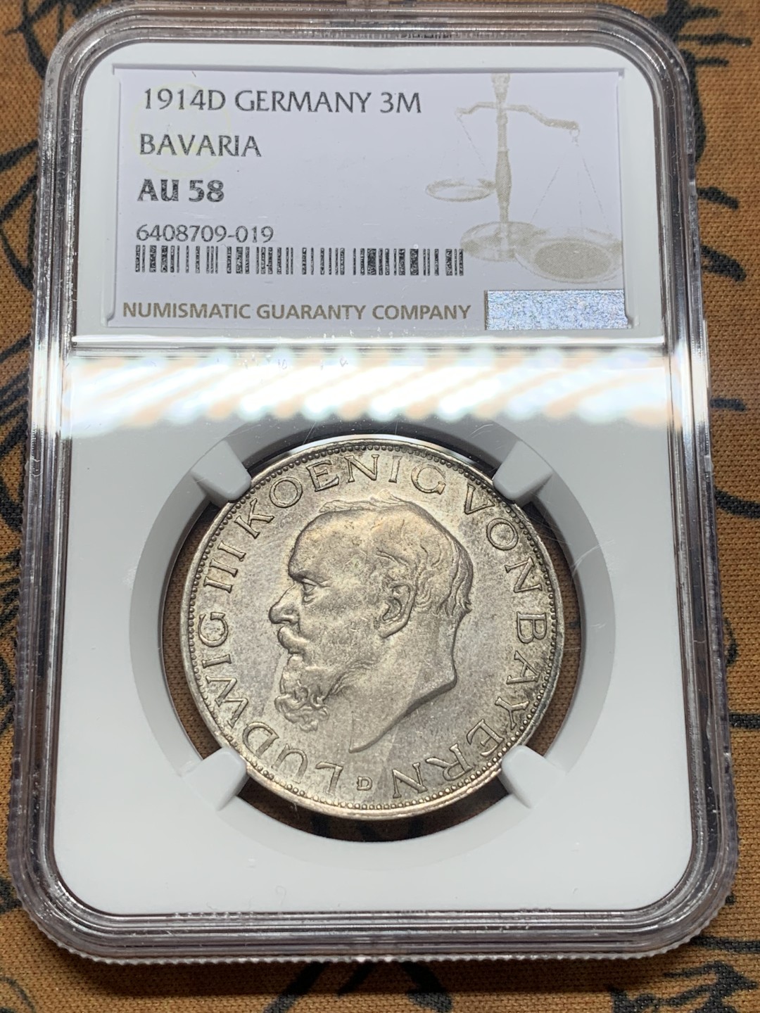《竞宝斋》第111场-周日，周一 ，2场连拍（全场包邮） NGC-AU58 德国巴伐利亚 1914年路德维希三世 3马克银币 少见品种