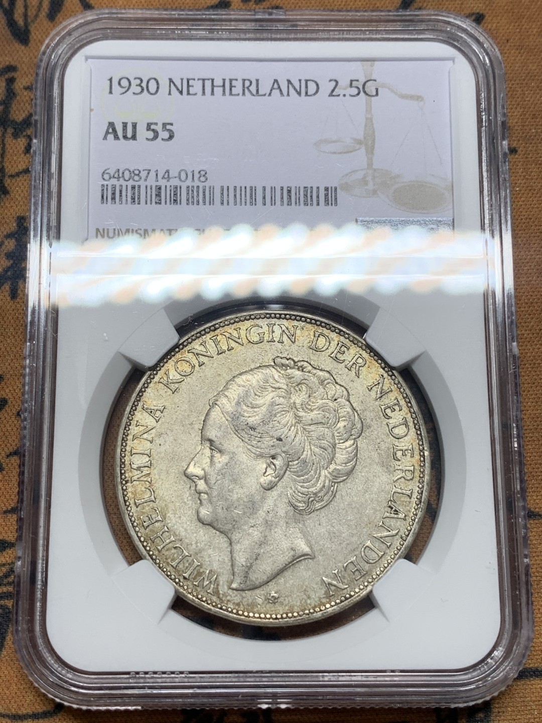 《竞宝斋》第111场-周日，周一 ，2场连拍（全场包邮） NGC-AU55 荷兰1930年 威廉米娜女王2.5盾 大银币 原味好品