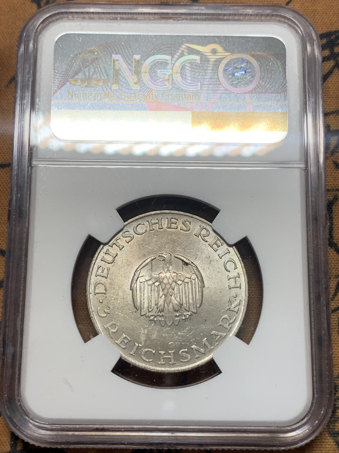 《竞宝斋》第111场-周日，周一 ，2场连拍（全场包邮） NGC-MS61 德国魏玛共和国 1929年莱幸 3马克银币 原光好品 少见品种