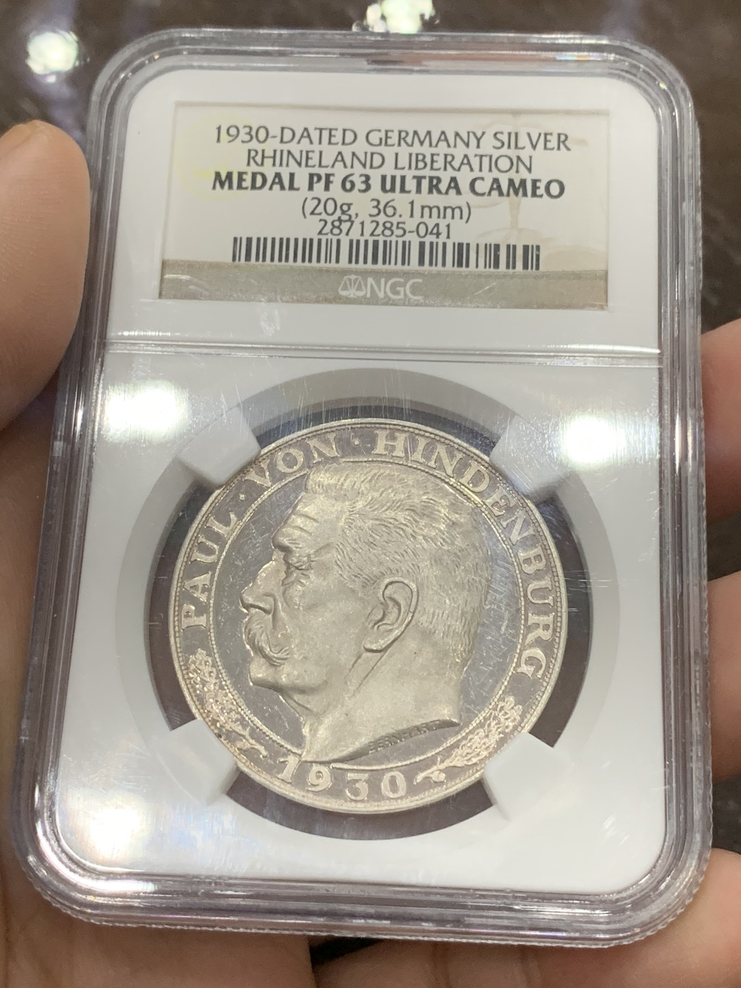 《竞宝斋》第111场-周日，周一 ，2场连拍（全场包邮） NGC-PF63 ULTRA CAMEO 德国 1930年 伯恩哈特设计兴登堡银章，莱茵河景观银章，镜面感觉给分保守