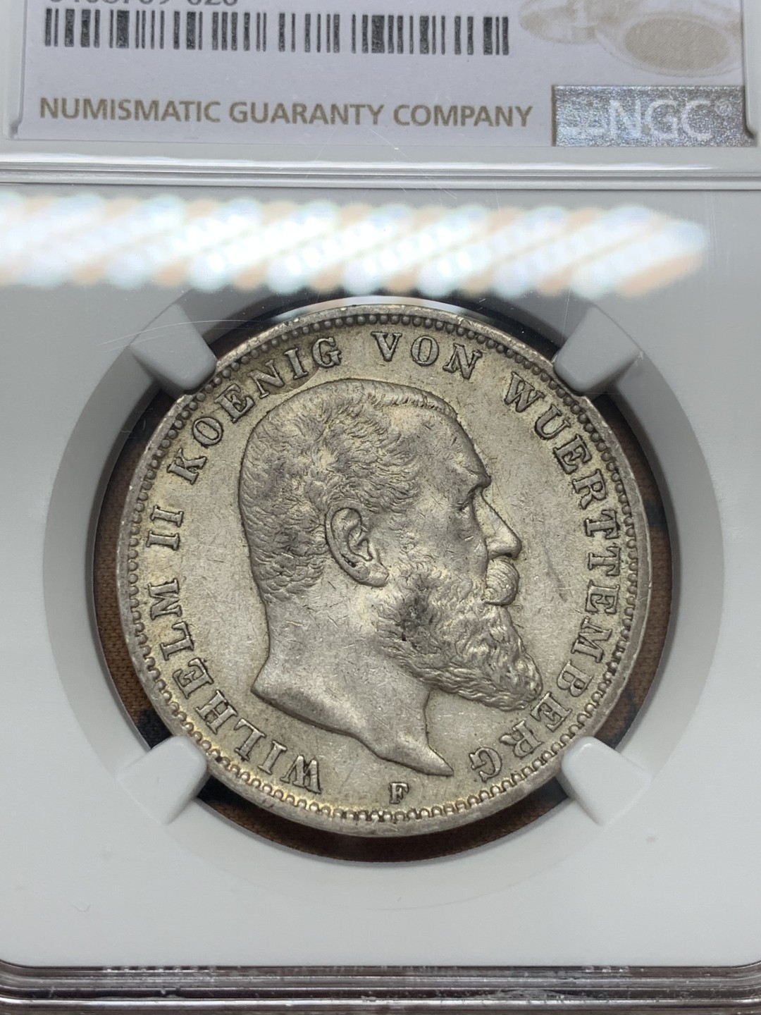 《竞宝斋》第111场-周日，周一 ，2场连拍（全场包邮） NGC-AU55 德国符腾堡 1912年威廉二世大胡子 3马克大银币 原味好品