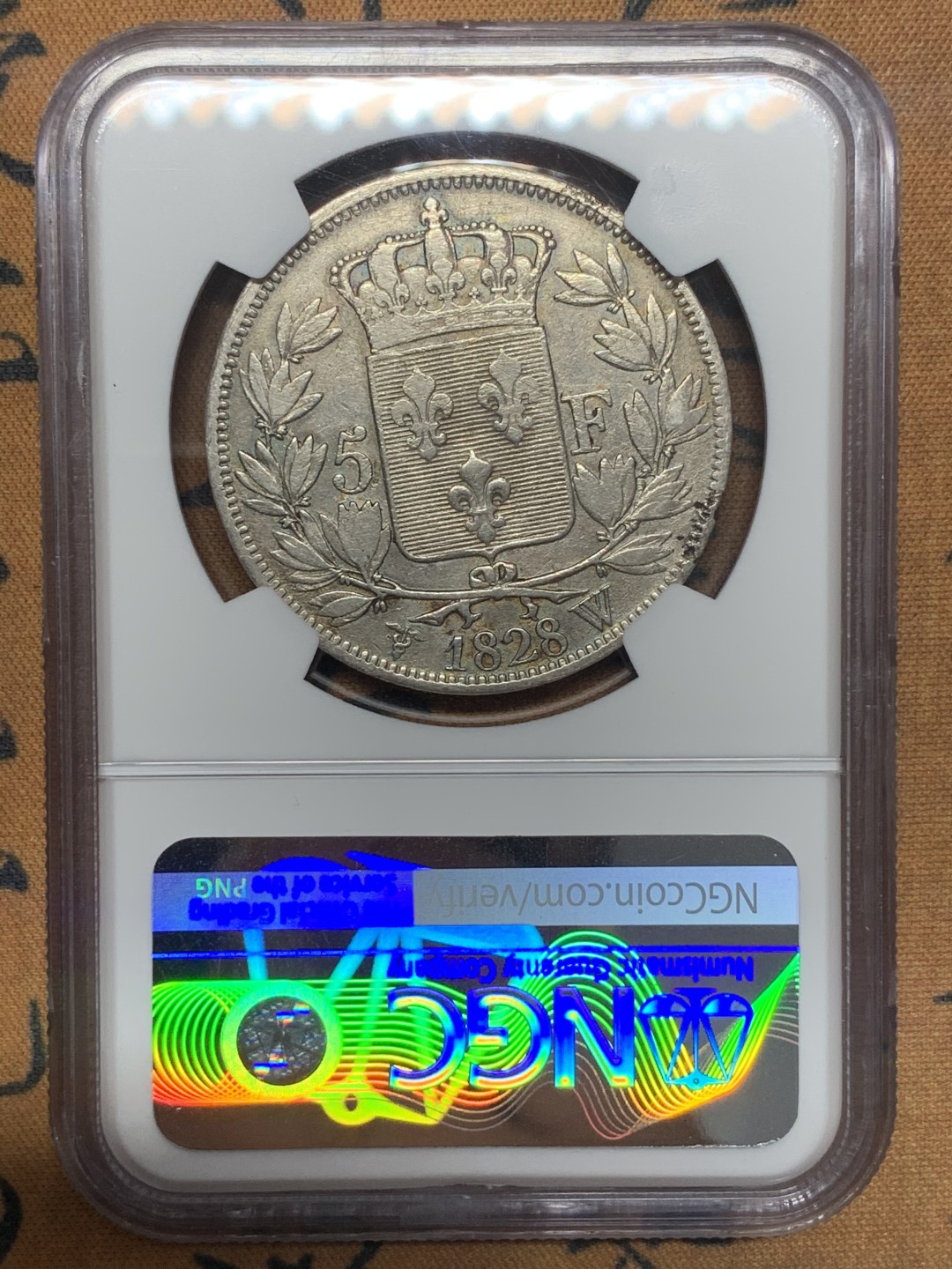《竞宝斋》第111场-周日，周一 ，2场连拍（全场包邮） NGC XF 法国 1828年W版查理十世五法郎银币 老包浆好状态 可藏品种