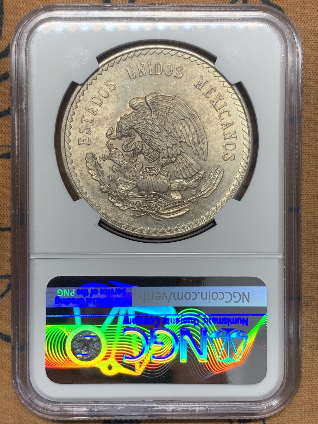 《竞宝斋》第111场-周日，周一 ，2场连拍（全场包邮） NGC-MS63 墨西哥1947年 印第安人头像5比索大银币 原光好品