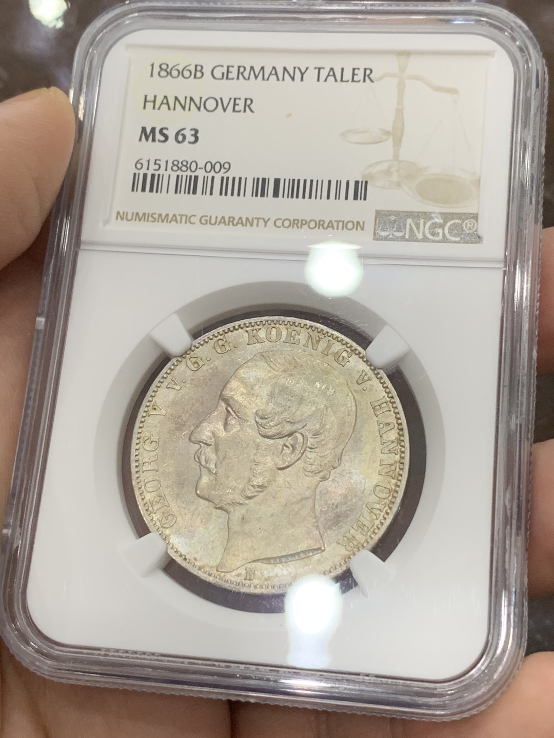 《竞宝斋》第111场-周日，周一 ，2场连拍（全场包邮） NGC-MS63 德国 1866年 汉诺威狮马盾徽1泰勒银币 原光好品 币面干净 PL底板明显