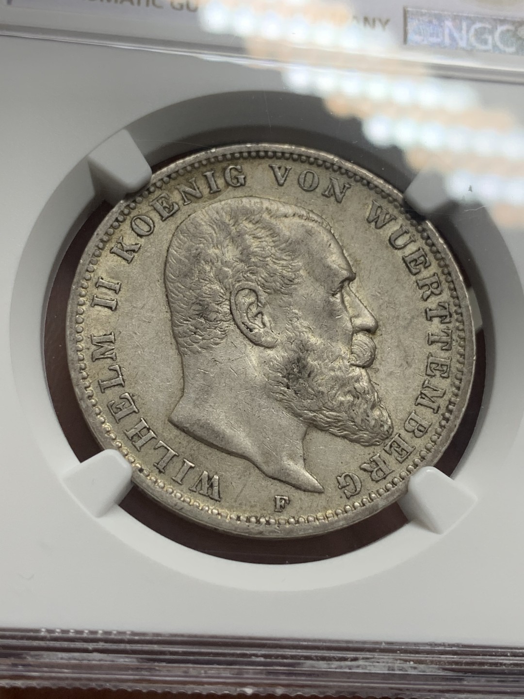 《竞宝斋》第111场-周日，周一 ，2场连拍（全场包邮） NGC-AU55 德国符腾堡 1912年威廉二世大胡子 3马克大银币 原味好品