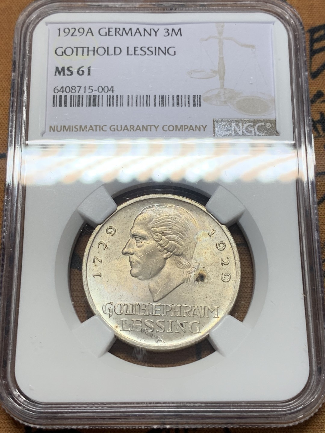 《竞宝斋》第111场-周日，周一 ，2场连拍（全场包邮） NGC-MS61 德国魏玛共和国 1929年莱幸 3马克银币 原光好品 少见品种