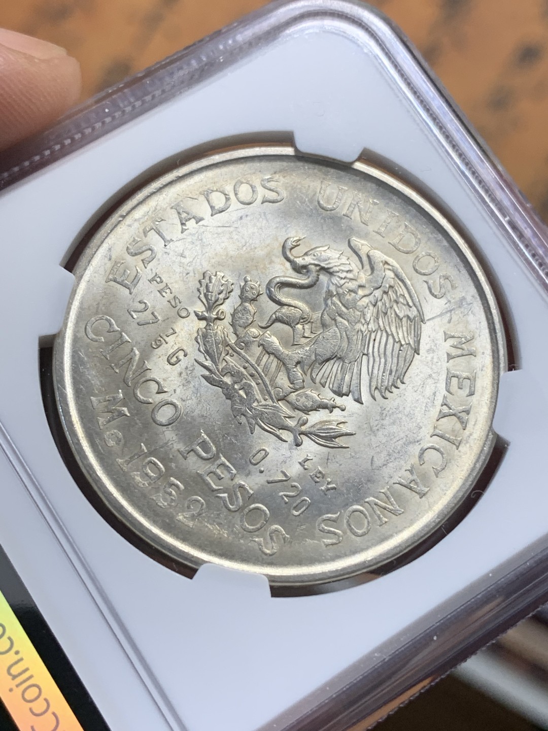 《竞宝斋》第112场-周日，周一 ，2场连拍（全场包邮） NGC-MS62 墨西哥1952年 5比索大银币 车轮转光 顶级状态