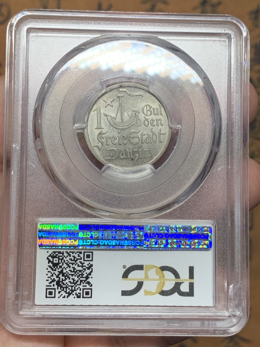 《竞宝斋》第112场-周日，周一 ，2场连拍（全场包邮） PCGS-AU58 1923年 但泽自由市双狮1盾银币 转光流畅，光度不输MS。日耳曼人与斯拉夫人几个世纪的争夺焦点，二战的开幕之地