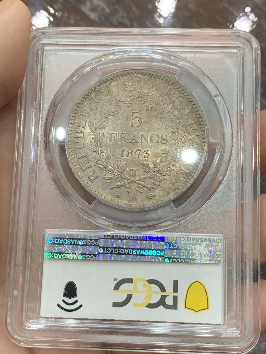 《竞宝斋》第112场-周日，周一 ，2场连拍（全场包邮） PCGS MS65 五彩法国1873年大力神5法郎银币高分好状态镜面底板