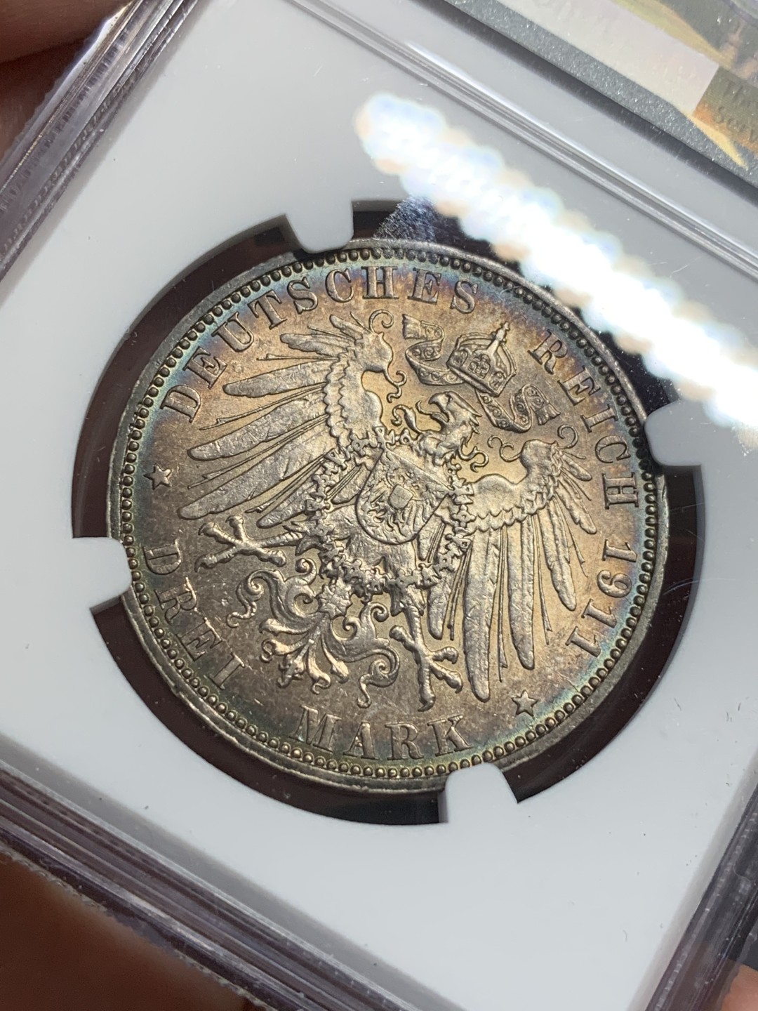 《竞宝斋》第112场-周日，周一 ，2场连拍（全场包邮） NGC-AU58 德国汉堡 1911年 双狮盾牌3马克银币 黑彩包浆 出分不易