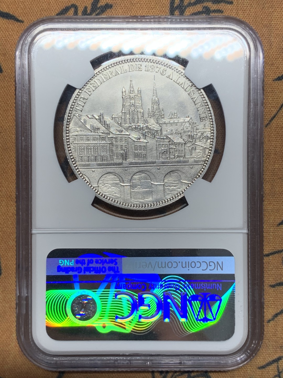 《竞宝斋》第112场-周日，周一 ，2场连拍（全场包邮） NGC UNC 瑞士 洛桑射击节 5法郎 银币 发行量2W 枚 底板好 整体无磨损