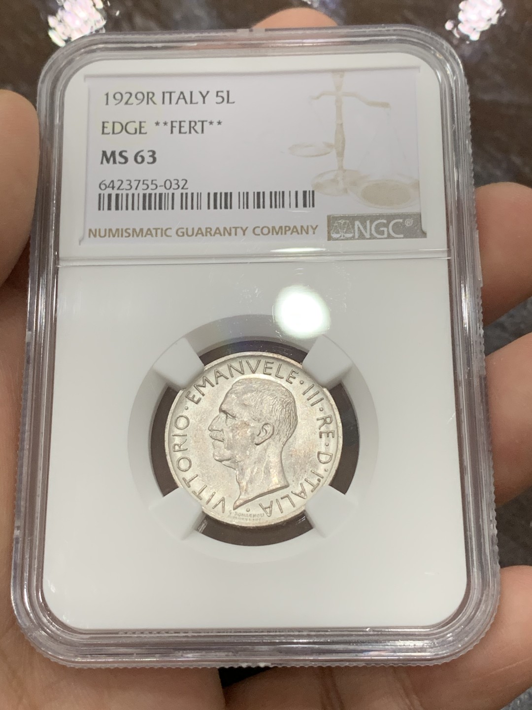 《竞宝斋》第112场-周日，周一 ，2场连拍（全场包邮） NGC MS63 意大利1929年R 5里拉银币 季军 **FERT**