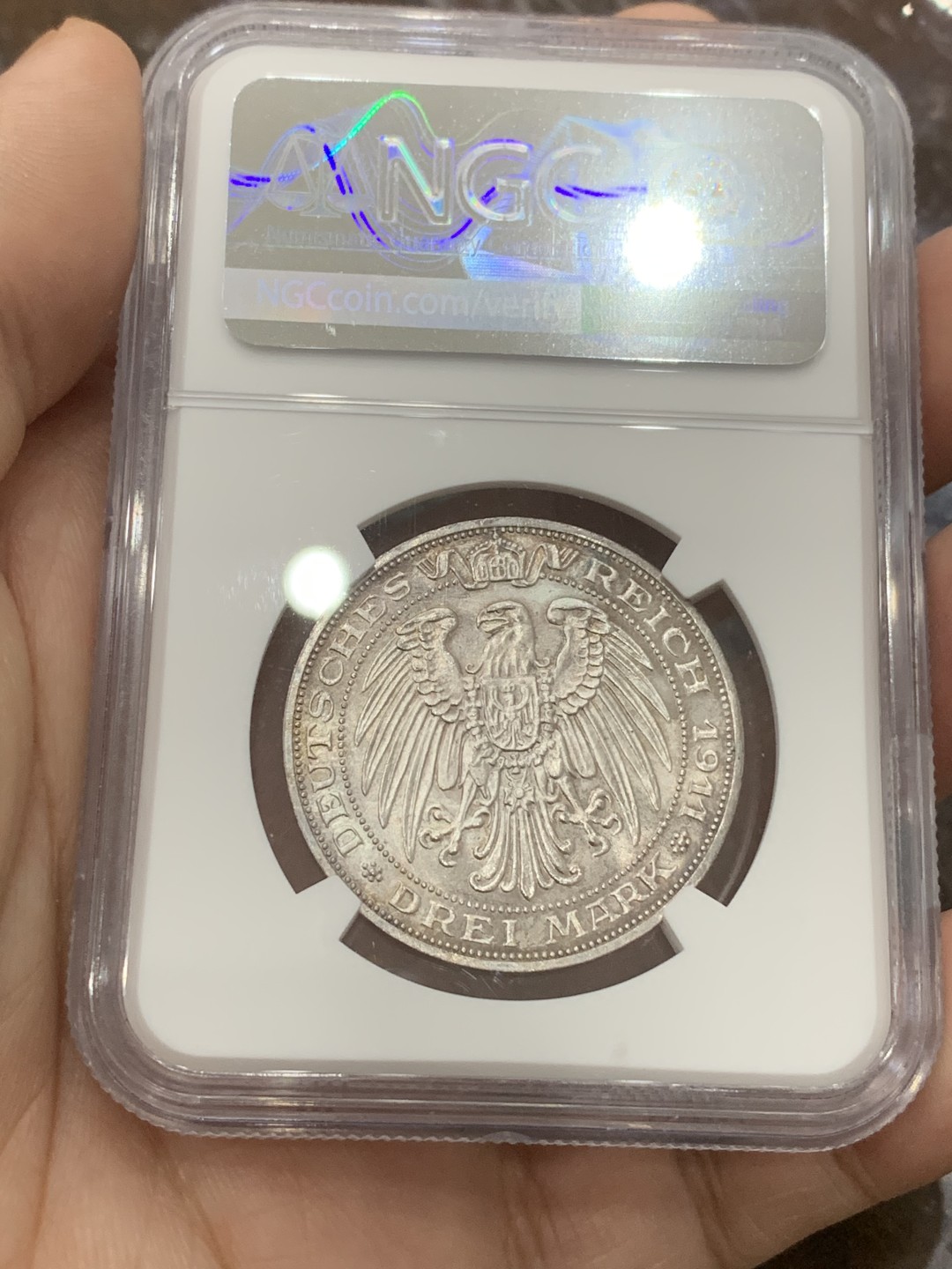 《竞宝斋》第112场-周日，周一 ，2场连拍（全场包邮） NGC MS64 德国普鲁士 1911年 布雷斯劳大学3马克 银币