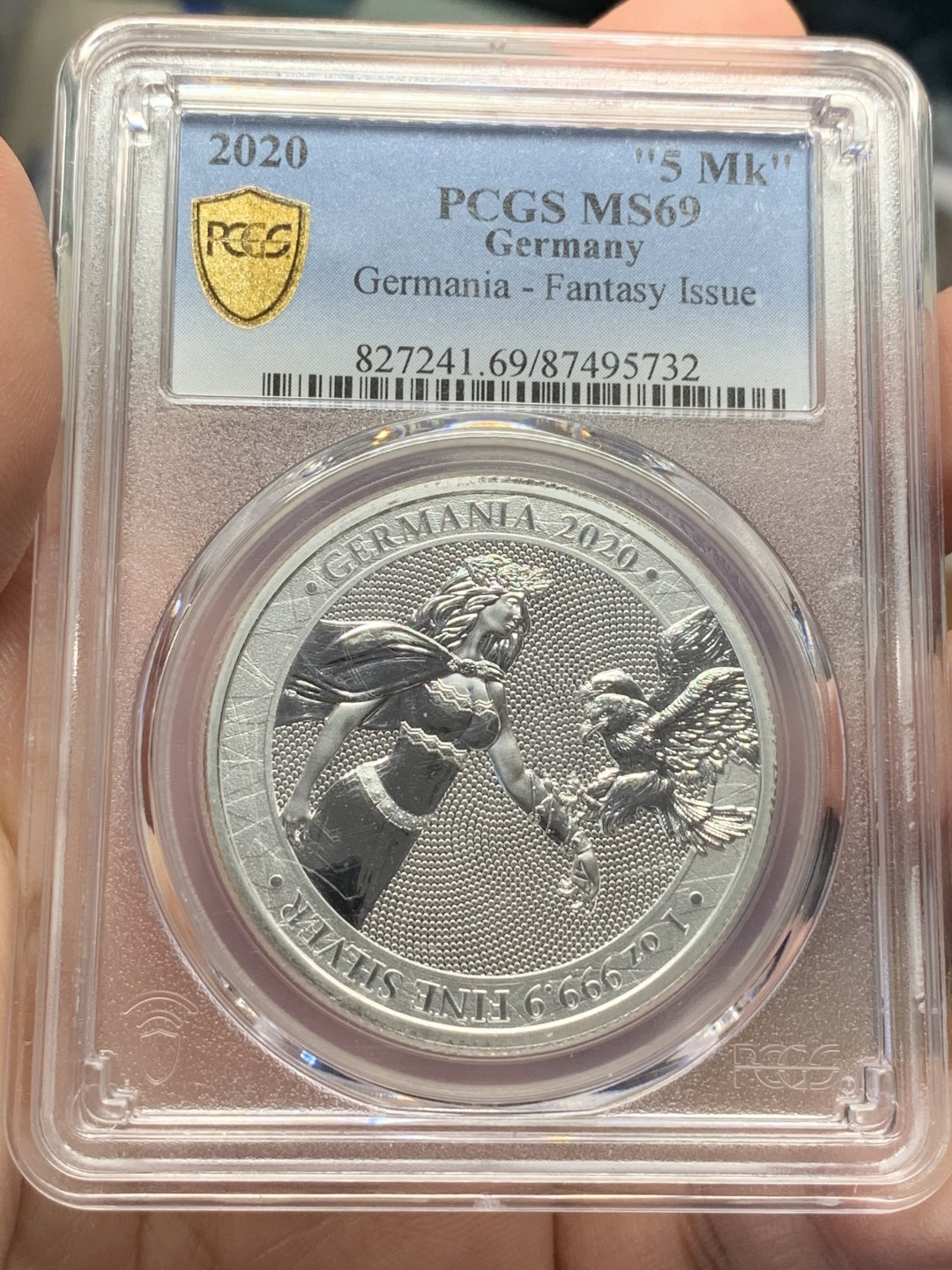 《竞宝斋》第112场-周日，周一 ，2场连拍（全场包邮） PCGS-MS69 德国2020年5马克纪念大银，日耳曼妮娅女神与雄鹰。日耳曼尼亚造币厂出品，女神系列，顶级分数