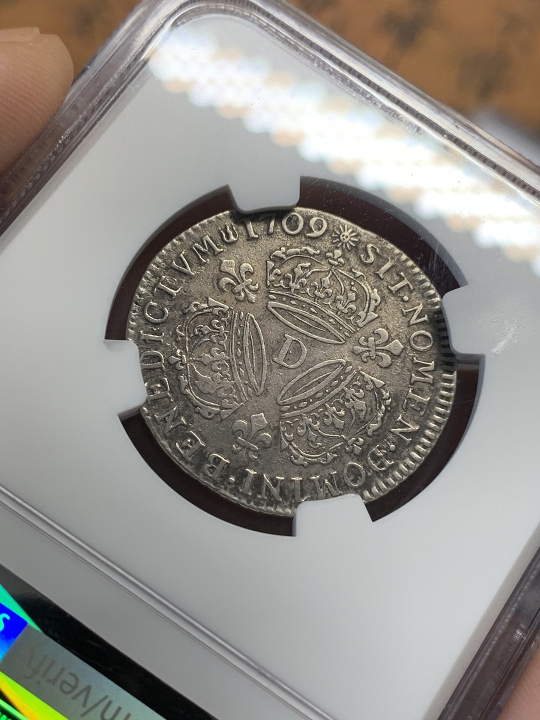 《竞宝斋》第112场-周日，周一 ，2场连拍（全场包邮） NGC XF 法国 1709年D版 路易十四 太阳王 1/4埃居 银币 少见规格 整体清晰