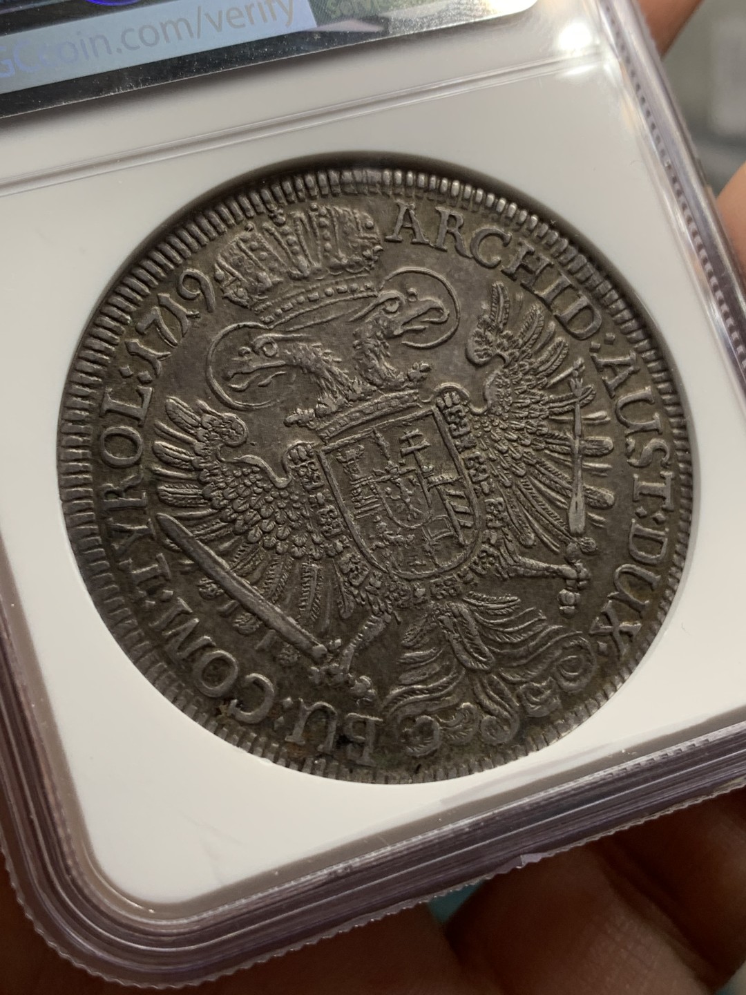 《竞宝斋》第112场-周日，周一 ，2场连拍（全场包邮） NGC UNC 神圣罗马帝国 1719年 卡尔六世 泰勒大银币 细节好 原味包浆 大波浪热门 品种