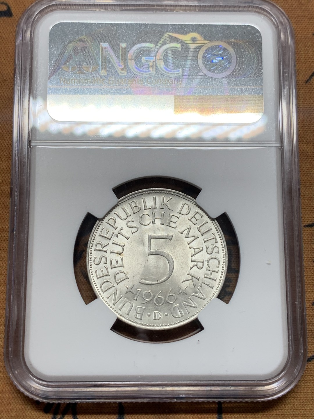 《竞宝斋》第112场-周日，周一 ，2场连拍（全场包邮） NGC-MS66 冠军分 德国1966年 鹰徽5马克银币