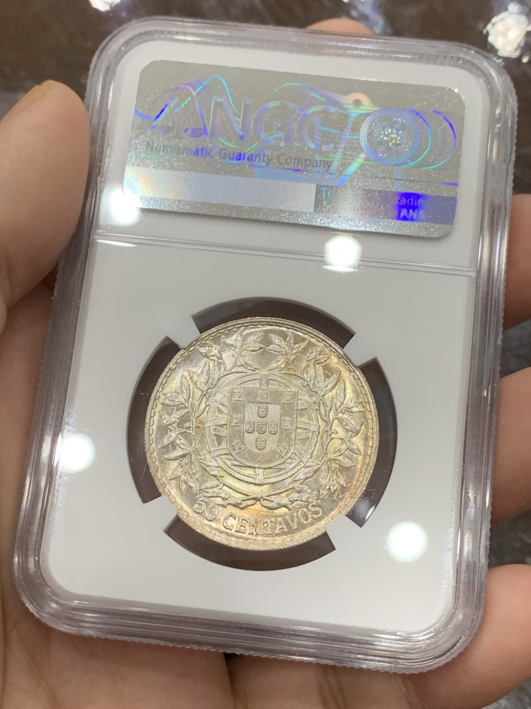 《竞宝斋》第112场-周日，周一 ，2场连拍（全场包邮） NGC-MS63 葡萄牙1916年 自由女神头像 50分半圆形银币 粉光好品