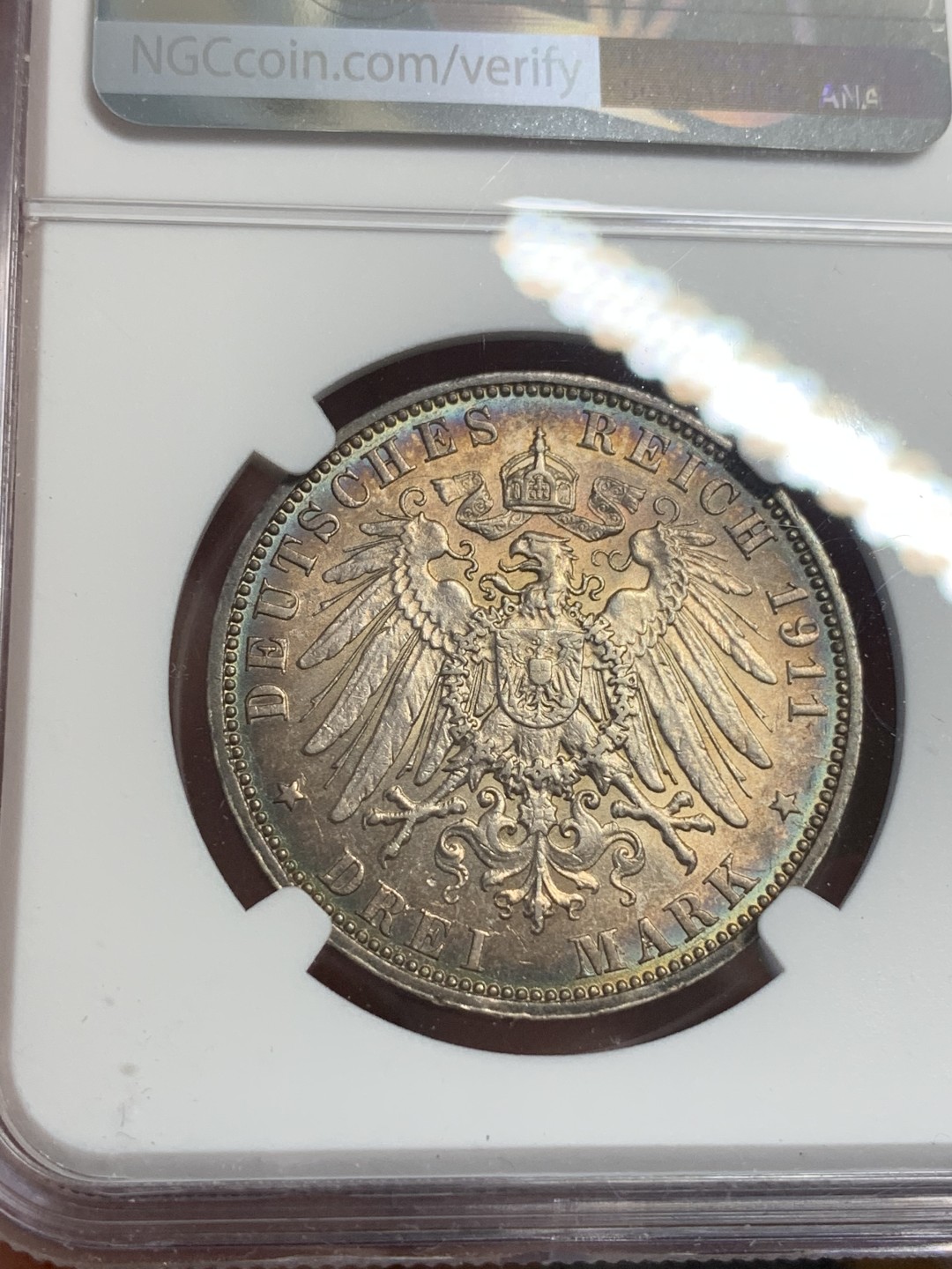 《竞宝斋》第112场-周日，周一 ，2场连拍（全场包邮） NGC-AU58 德国汉堡 1911年 双狮盾牌3马克银币 黑彩包浆 出分不易