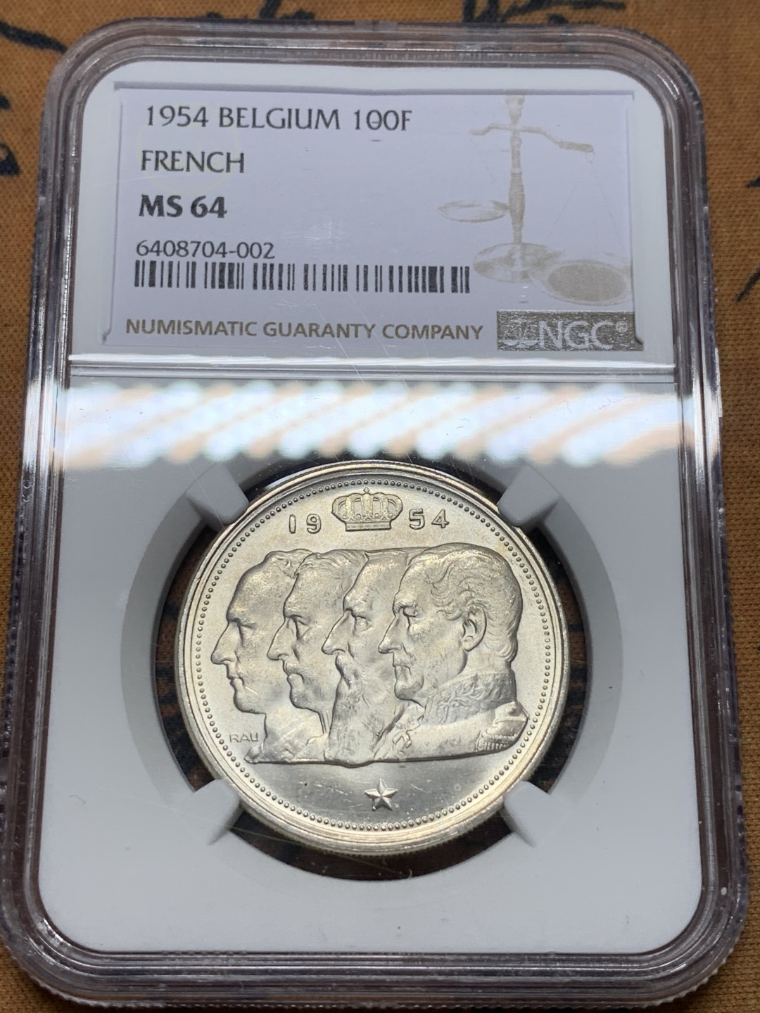 《竞宝斋》第112场-周日，周一 ，2场连拍（全场包邮） NGC-MS64 比利时1954年 四皇 100法郎大银币 顶级好品