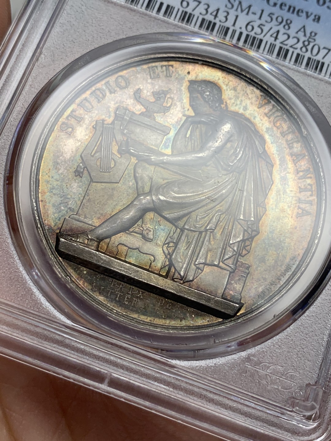 《竞宝斋》第112场-周日，周一 ，2场连拍（全场包邮） PCGS SP65  19世纪瑞士日内瓦学院五彩银章 原味包浆 非常迷人