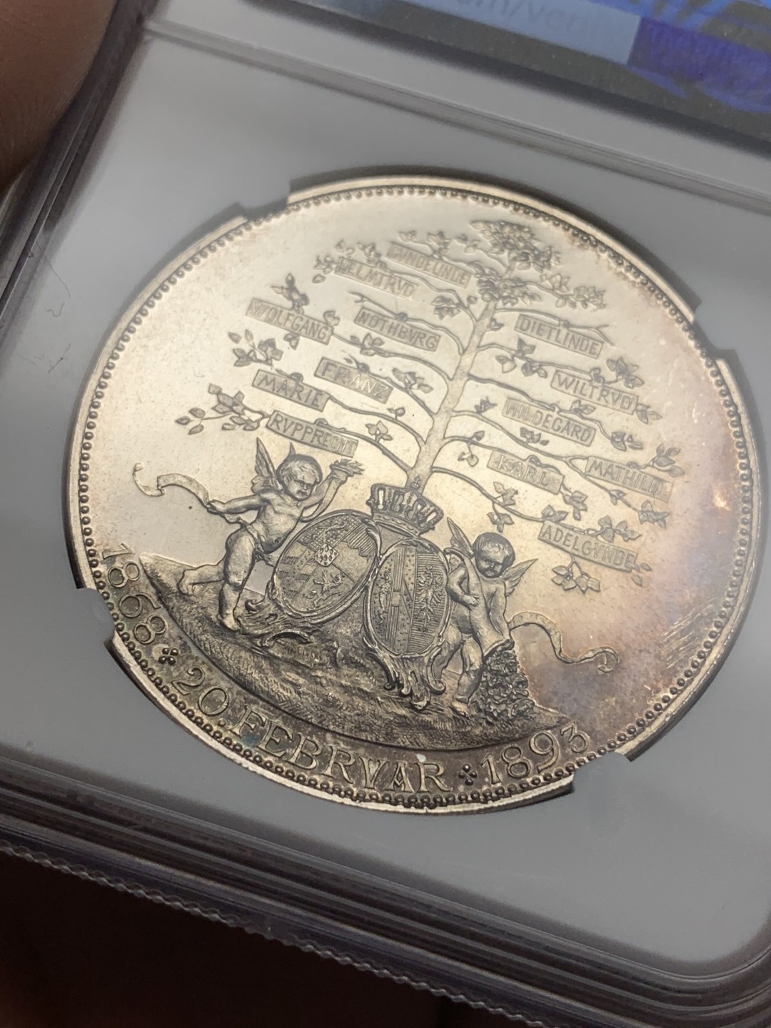 《竞宝斋》第112场-周日，周一 ，2场连拍（全场包邮） NGC-MS61 德国1893年拜仁路德维希家族子孙树 大规格银章 镜面工艺严重压分