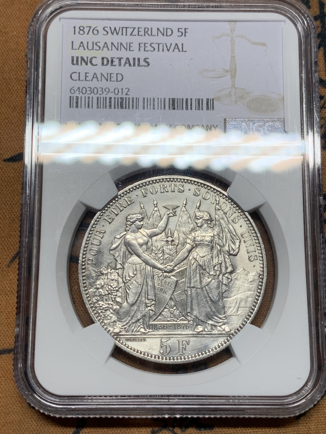 《竞宝斋》第112场-周日，周一 ，2场连拍（全场包邮） NGC UNC 瑞士 洛桑射击节 5法郎 银币 发行量2W 枚 底板好 整体无磨损