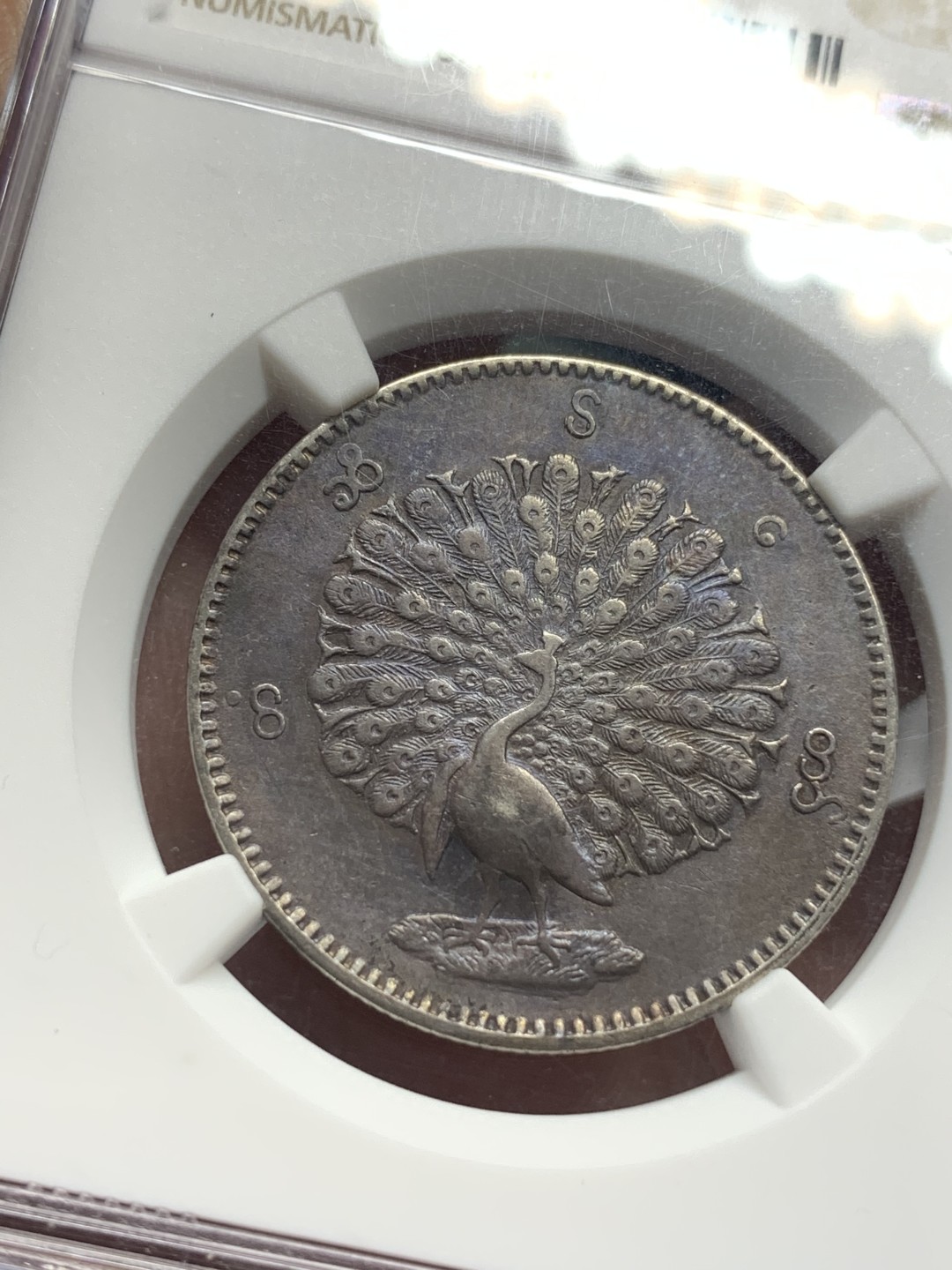 《竞宝斋》第112场-周日，周一 ，2场连拍（全场包邮） NGC-AU50 缅甸1852年孔雀Kyat 银币 酱黑彩 给分真的不易