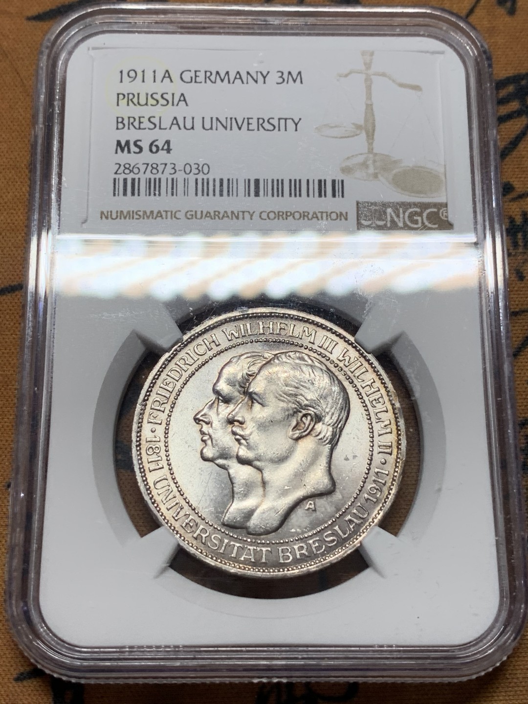 《竞宝斋》第112场-周日，周一 ，2场连拍（全场包邮） NGC MS64 德国普鲁士 1911年 布雷斯劳大学3马克 银币