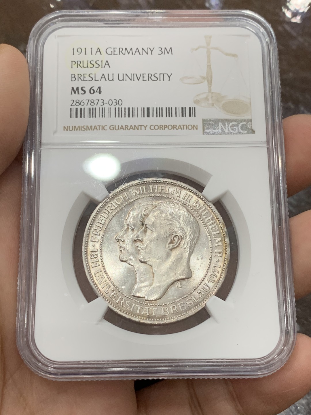 《竞宝斋》第112场-周日，周一 ，2场连拍（全场包邮） NGC MS64 德国普鲁士 1911年 布雷斯劳大学3马克 银币