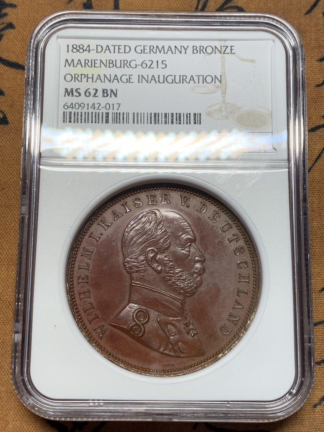 《竞宝斋》第112场-周日，周一 ，2场连拍（全场包邮） NGC MS62BN 德国1884玛丽恩堡落成纪念城市景观铜章 加厚盒子
