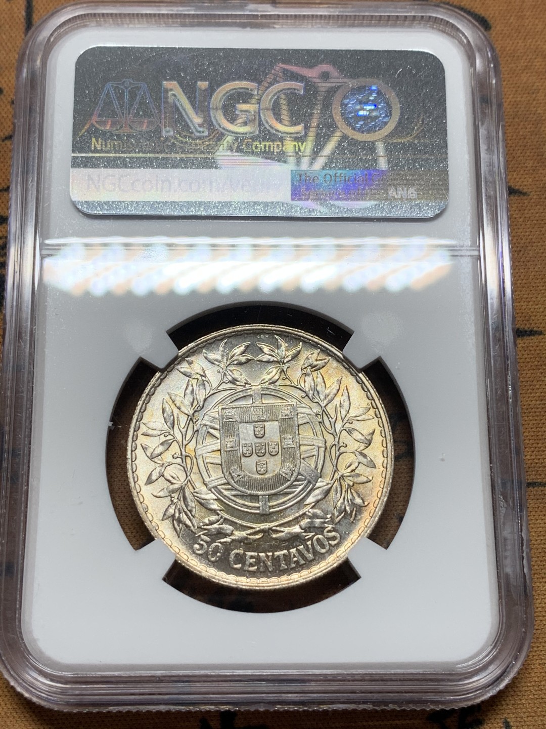 《竞宝斋》第112场-周日，周一 ，2场连拍（全场包邮） NGC-MS63 葡萄牙1916年 自由女神头像 50分半圆形银币 粉光好品